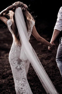Vintage Lace V Neck Rustic Wedding Dresses Cap Sleeve Ivory Sheath Beach Wedding Gowns W1053