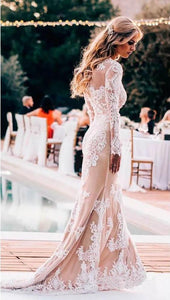 Vintage Long Sleeve Mermaid Lace Applique Wedding Dresses Beach Wedding Gowns W1057