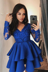 Vintage Long Sleeve Navy Blue V Neck Knee Length Homecoming Dresses with Lace RS855