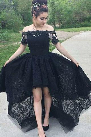 Vintage A-Line Off the Shoulder Black Lace High Low Short Sleeve Prom Homecoming Dresses RS80