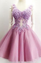 Load image into Gallery viewer, A Line V Neck Lace Appliques Lilac Short Beading Tulle Sleeveless Homecoming Dresses RS976