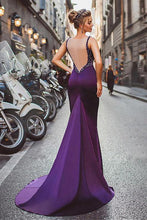 Load image into Gallery viewer, Sexy Sheath Column Regency Long Cheap Satin Mermaid Purple Beads Prom Dresses RS506