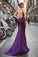 Sexy Sheath Column Regency Long Cheap Satin Mermaid Purple Beads Prom Dresses RS506