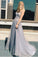 Silver Sleeveless A-line Spaghetti Straps Lace Long Prom Dresses
