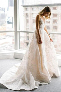 A Line Round Neck Floor Length V Neck Cheap Wedding Dress with Lace Appliques RS202