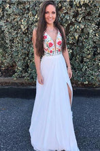 Load image into Gallery viewer, A Line V Neck White Embroidery Side Slit Chiffon Long Formal Dress Prom Dresses RS215