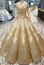 Load image into Gallery viewer, Ball Gown Gold Long Sleeves Lace Appliques Sequins Open Back Beads Quinceanera Dresses RS894