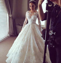 Load image into Gallery viewer, Modest Tulle Country Lace Long Sleeve Ball Gown Sheer Back Scoop Appliques Wedding Dress RS75