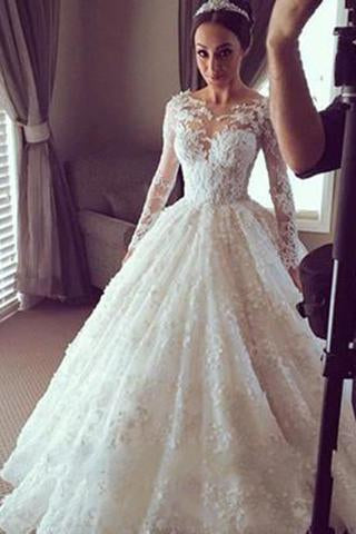 Modest Tulle Country Lace Long Sleeve Ball Gown Sheer Back Scoop Appliques Wedding Dress RS75