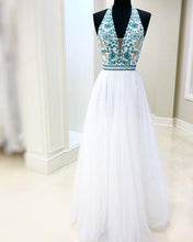 Load image into Gallery viewer, White Chiffon Long Prom Dress V Neck Halter With Blue Beaded Bodice Dress Evening Dress P1031