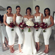 Load image into Gallery viewer, White Straps Mermaid Satin Prom Dresses V Neck Backless Bridesmaid Dresses RS914