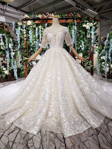 Lace Half Sleeve Round Neck Ball Gown Wedding Dresses Fashion Beads Wedding Gown RS775