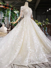 Load image into Gallery viewer, Lace Half Sleeve Round Neck Ball Gown Wedding Dresses Fashion Beads Wedding Gown RS775