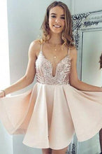 Load image into Gallery viewer, Sexy A-Line Spaghetti Straps V Neck Pearl Pink Short Homecoming Dress with Sequins RS881