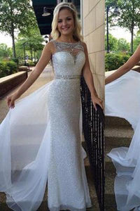 White Backless Sheer Silver Beaded Bodice with Sparkle Long Chiffon Sequin Prom Dresses RS110