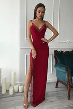 Load image into Gallery viewer, Burgundy Spaghetti Straps Side High Slit V Neck Satin Mermaid Long Prom Dresses RS311