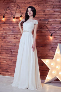 Lace Romantic White Chiffon A-Line Floor-Length Bateau Short Sleeve Wedding Dress RS413