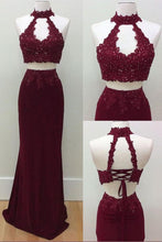 Load image into Gallery viewer, Mermaid Two Piece Burgundy Modest Long Halter Open Back Beads Prom Dresses RS186
