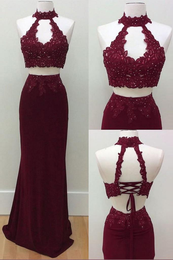 Mermaid Two Piece Burgundy Modest Long Halter Open Back Beads Prom Dresses RS186