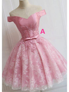 Off the Shoulder Lace up Lace Applique Dusty Rose Short Prom Dress Homecoming Dresses RS759
