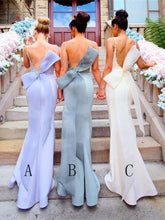 Load image into Gallery viewer, Appliqued Straps Mermaid with Bow Bridesmaid Dress