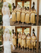 Load image into Gallery viewer, Yellow V Neck Spaghetti Straps High Low Bridesmaid Dresses Wedding Party Dresses BD1017