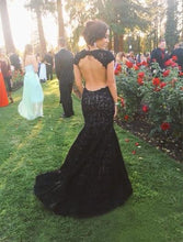 Load image into Gallery viewer, New Style High Neck Backless Lace Black Open Back Mermaid Cap Sleeve Evening Dresses RS05