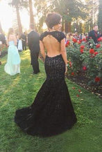 Load image into Gallery viewer, New Style High Neck Backless Lace Black Open Back Mermaid Cap Sleeve Evening Dresses RS05