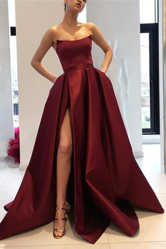 Burgundy Strapless Bodice Corset Long Sleeveless Evening Gowns With Leg Split Prom Dress RS723