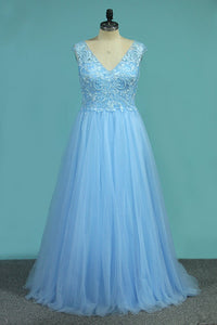 2024 A Line V Neck Tulle Prom Dresses With Applique And Beads Floor Length