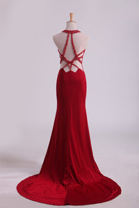 2024 Burgundy Chiffon Prom Dresses Scoop Spandex With Beading Sweep Train Mermaid