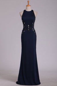 2024 Black Prom Dresses Scoop Sheath With Beading Open Back Spandex