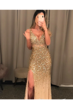 Load image into Gallery viewer, Gold Beaded Glistening Illusion V Neck Party Dress Backless Mermaid Long Prom SRSP9TPGCT9