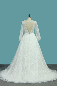 2024 Lace Wedding Dresses A Line Scoop Long Sleeves With Sash Court Train