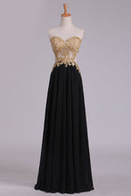 Load image into Gallery viewer, 2024 Sweetheart Prom Dresses A Line Chiffon With Gold Applique Sweep Train