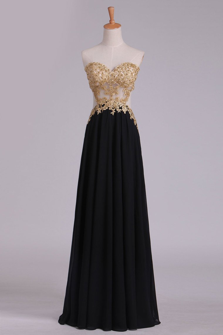 2024 Sweetheart Prom Dresses A Line Chiffon With Gold Applique Sweep Train