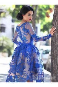 See Through Long Sleeve A Line Homecoming Dresses Lace Short Prom Dresses