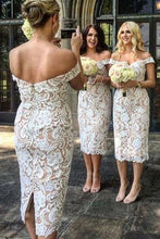 Load image into Gallery viewer, Unique Mermaid Off the Shoulder Ivory Lace Sweetheart Bridesmaid Dresses with Slit SRS15540