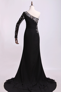 2024 One Sleeve Column/Sheath Prom Dresses Black