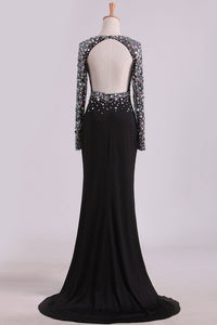 2024 Open Back Long Sleeves With Beading And Slit Prom Dresses Sweep Train Spandex