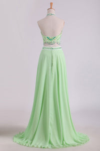 2024 Two Pieces Prom Dresses Halter A Line Chiffon Sweep Train With Beading