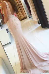 2024 V-Neck Mermaid Chiffon Prom Dresses With Beads And Slit Open Back