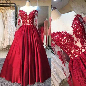 A-line Long Sleeves Sweetheart Lace Floor-Length Burgundy Cheap Prom Dresses RS760