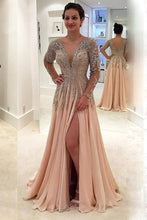 Load image into Gallery viewer, 2024 V Neck Long Sleeves Prom Dresses A Line Chiffon With Beads And Slit
