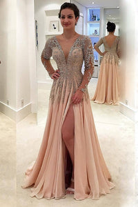 2024 V Neck Long Sleeves Prom Dresses A Line Chiffon With Beads And Slit