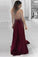 Sexy A-line Halter Burgundy V-Neck Backless Slit Sleeveless Long Evening Prom Dresses RS739