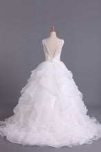 Load image into Gallery viewer, 2024 Hot Wedding Dresses V-Neck A Line Organza With Beading And Sash