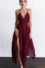 Load image into Gallery viewer, Flowy Spaghetti Straps V-Neck Open Back Simple Brugundy Prom Dresses