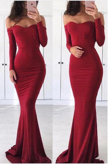 Sexy Off the Shoulder Long Sleeve Sweetheart Red Prom Dresses, Graduation SRS20440