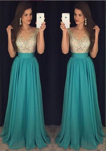 2024 Sexy Crew Neck Chiffon Long Tulle Beaded Stones Top Floor Length Prom Dresses RS162